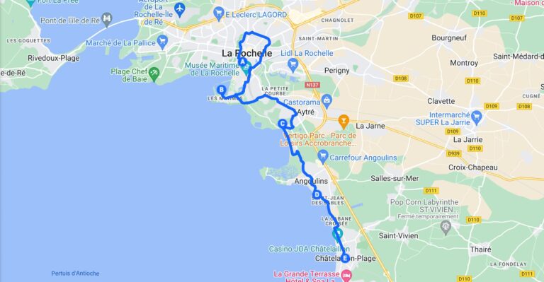trajet Balades à vélo La Rochelle en direction de Châtelaillon-plage